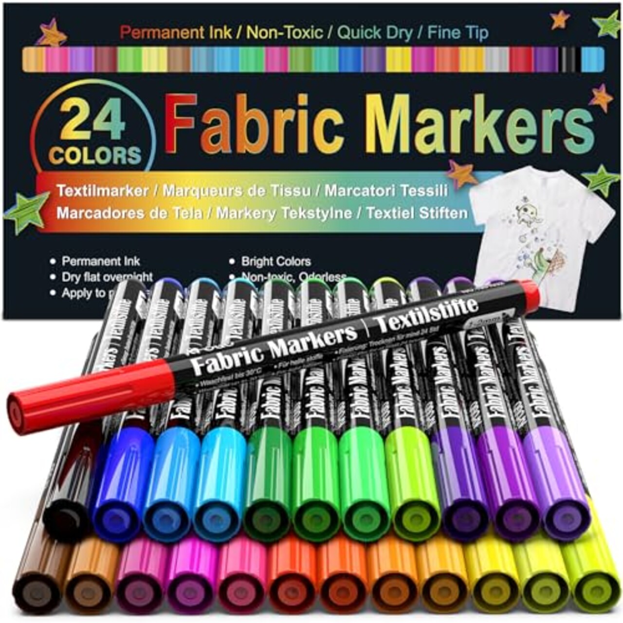 Fabric Markers Permanent For Clothes, 24 Colors Fabric Pens - Waterproof & Machine Washable, for T-Shirt, Canvas Shoes, Bags, Pillowcase & Baby Onesies, Fine Tip Clothing Markers for Laundry Marker